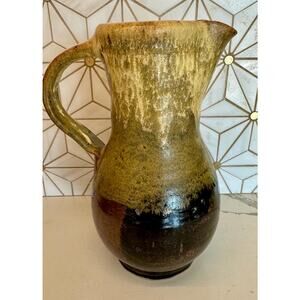 MCM Pottery Pitcher | Marked MKS | Glazed in Earthy Brown, Olive Green, and Sand